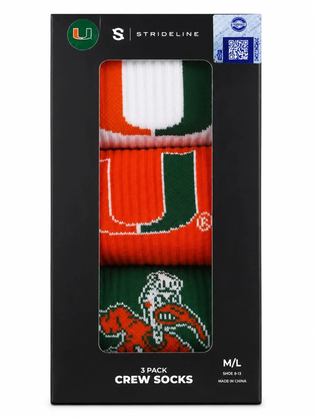 Strideline Miami Hurricanes 3 Pack Crew Socks M/L NEW